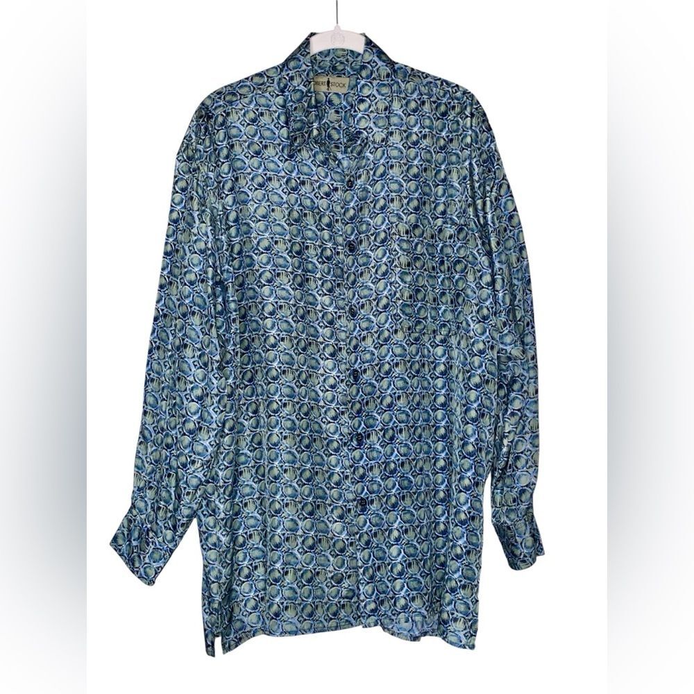 Robert Stock Men's Blue and Green Patterned Silk Dress Shirt M